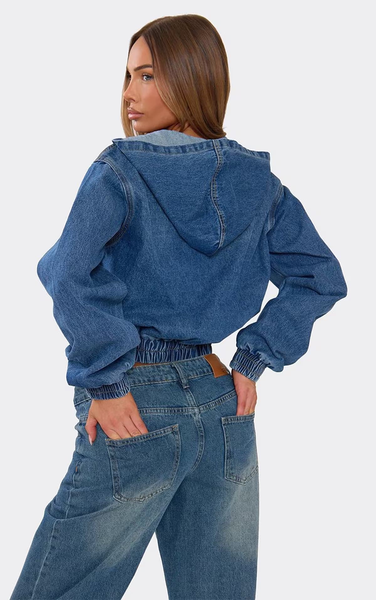 EGO Long Sleeve Waistband Detail Zip Up Hooded Jacket In Mid Blue Denim, Women's Size UK 6