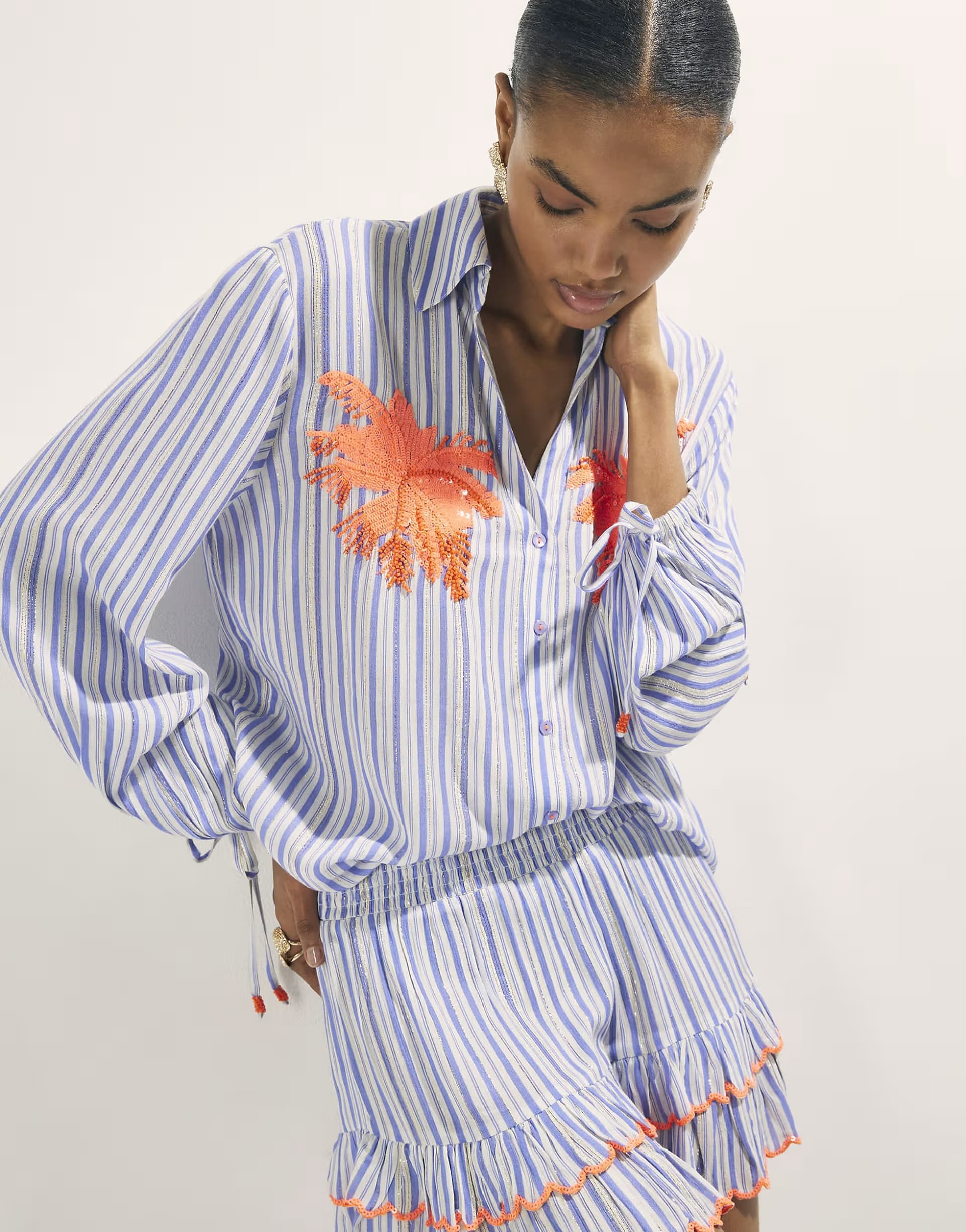 ASOS River Island Striped embellished palm beach shirt in white