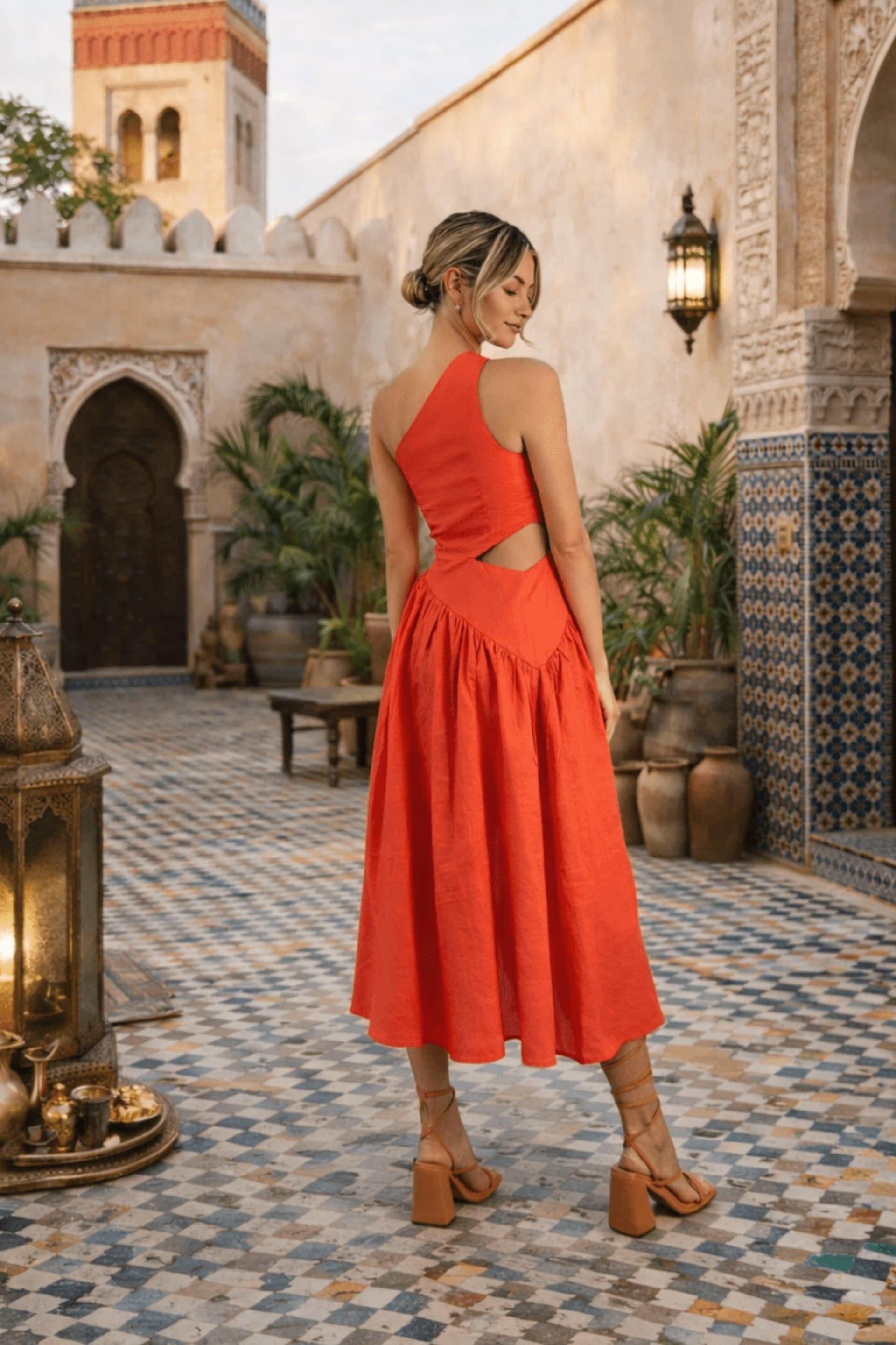 Style Cheat Style Cheat Women's Jasmine One-Shoulder Cut-Out Midi Coral Dress