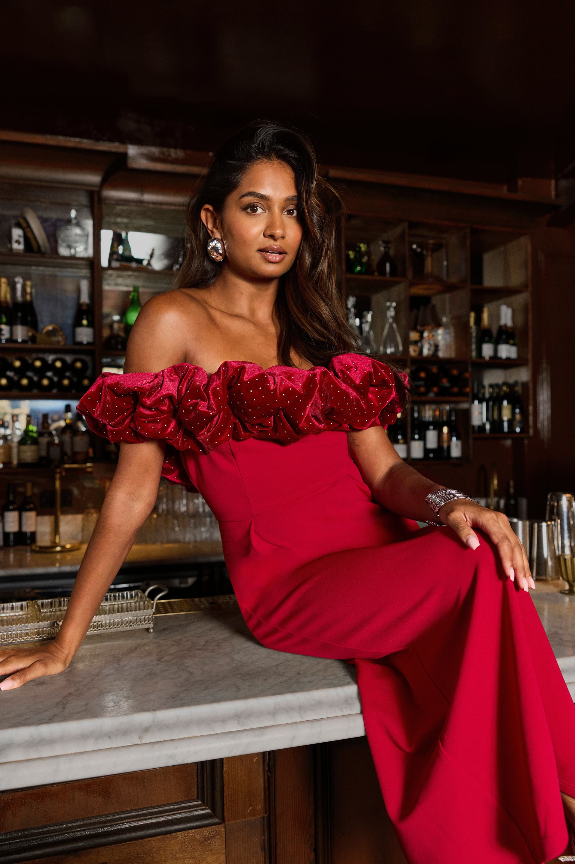 Oasis Oasis Women's Diamante Velvet Ruffle Bardot Bodycon Midi Dress in Burgundy