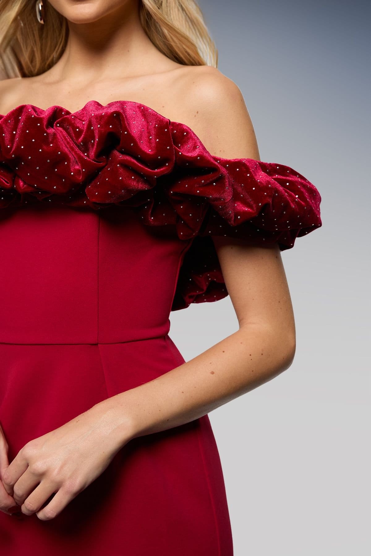 Oasis Oasis Women's Diamante Velvet Ruffle Bardot Bodycon Midi Dress in Burgundy - 4