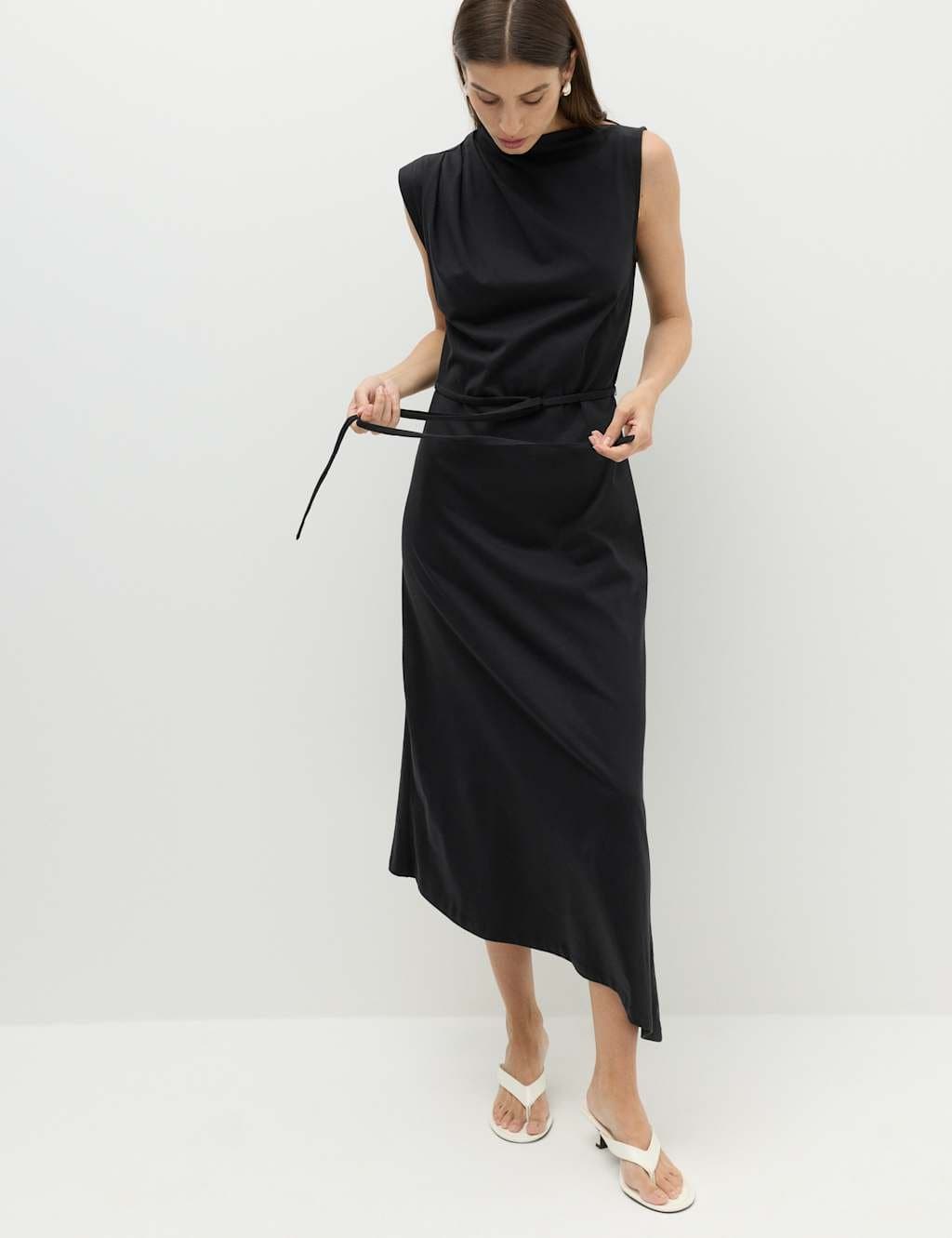 Marks & Spencer M&S Pure Cotton Tie Waist Midi Column Dress Black