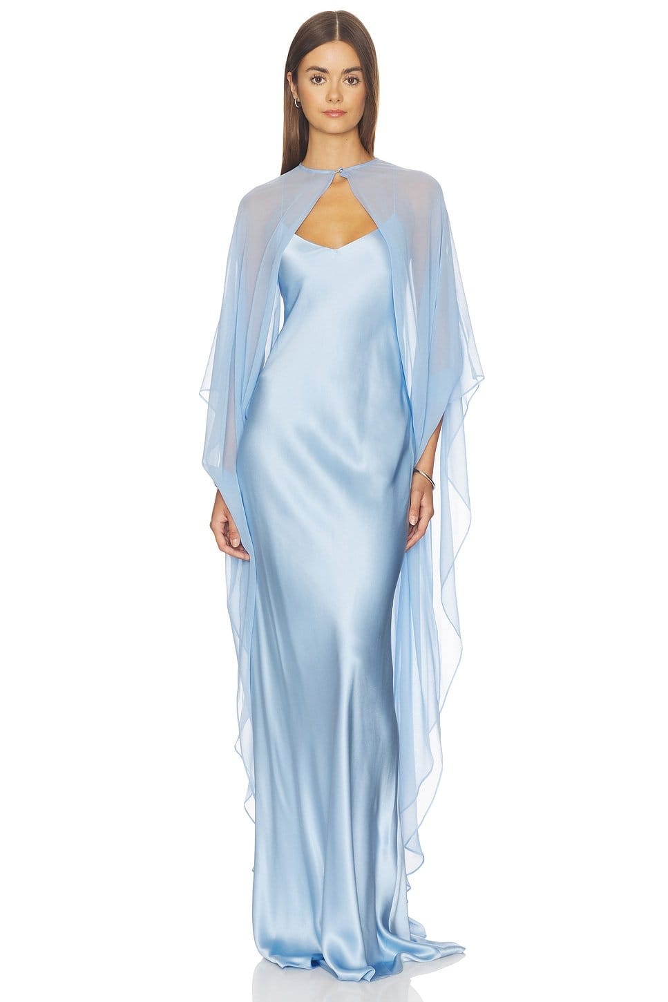 Revolve Icy Blue Satin Slip Dress With Cape