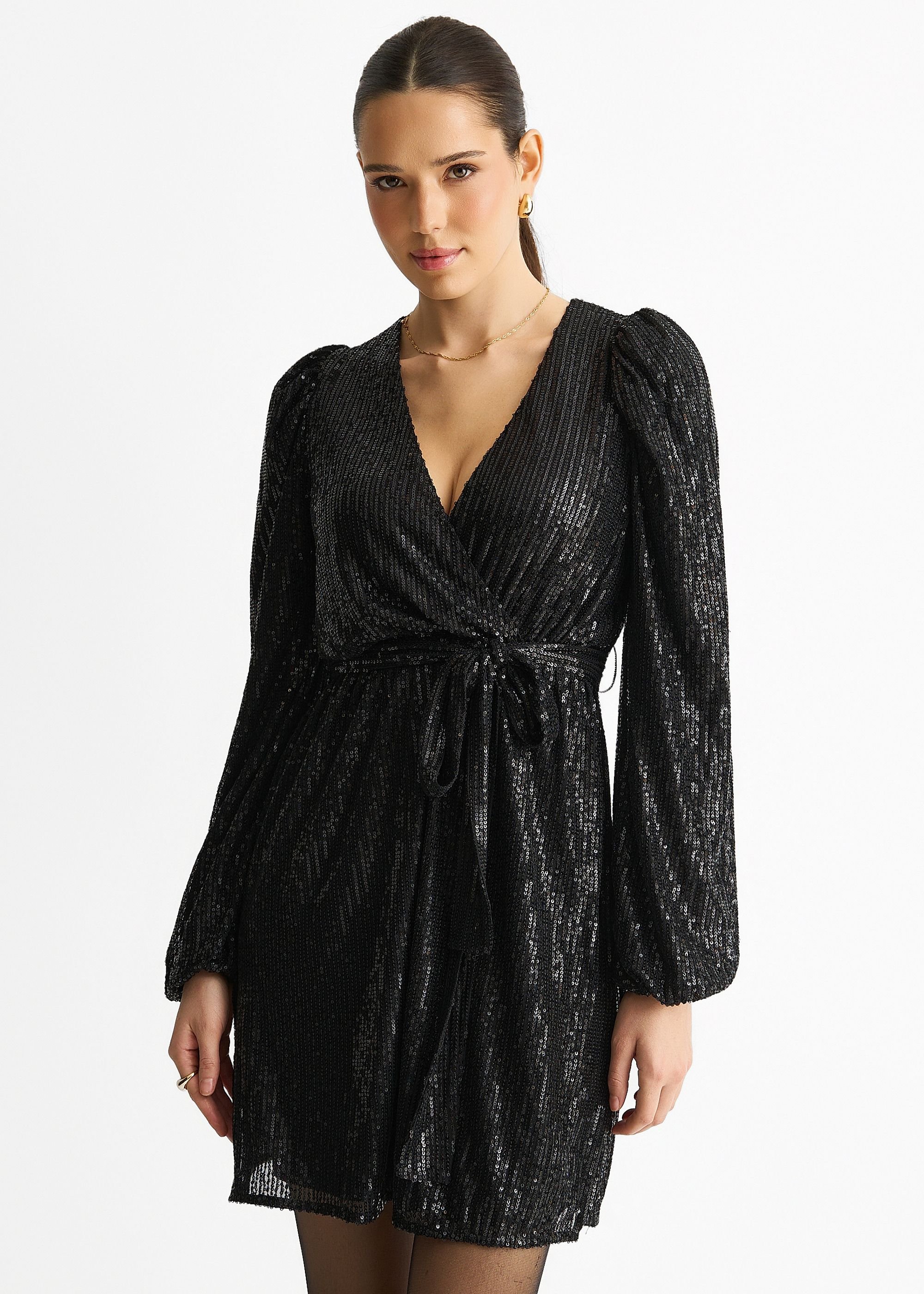 Gini London Gini London Women's Black Sequin V Neck Belted Mini Dress - 2