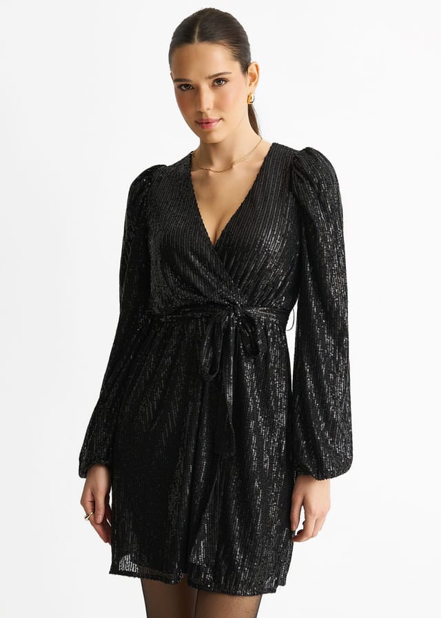 Gini London Gini London Women's Black Sequin V Neck Belted Mini Dress - 2