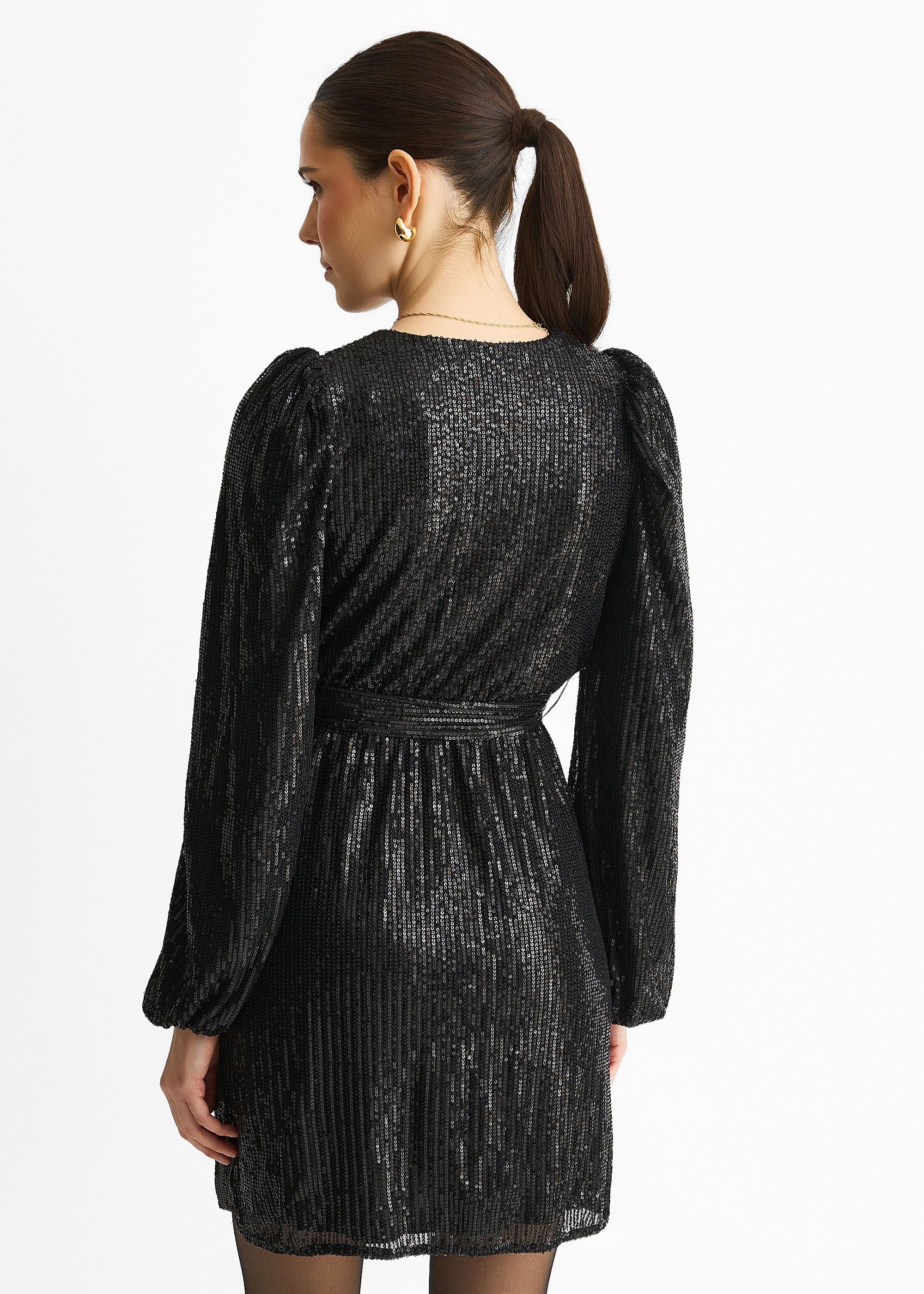 Gini London Gini London Women's Black Sequin V Neck Belted Mini Dress - 4