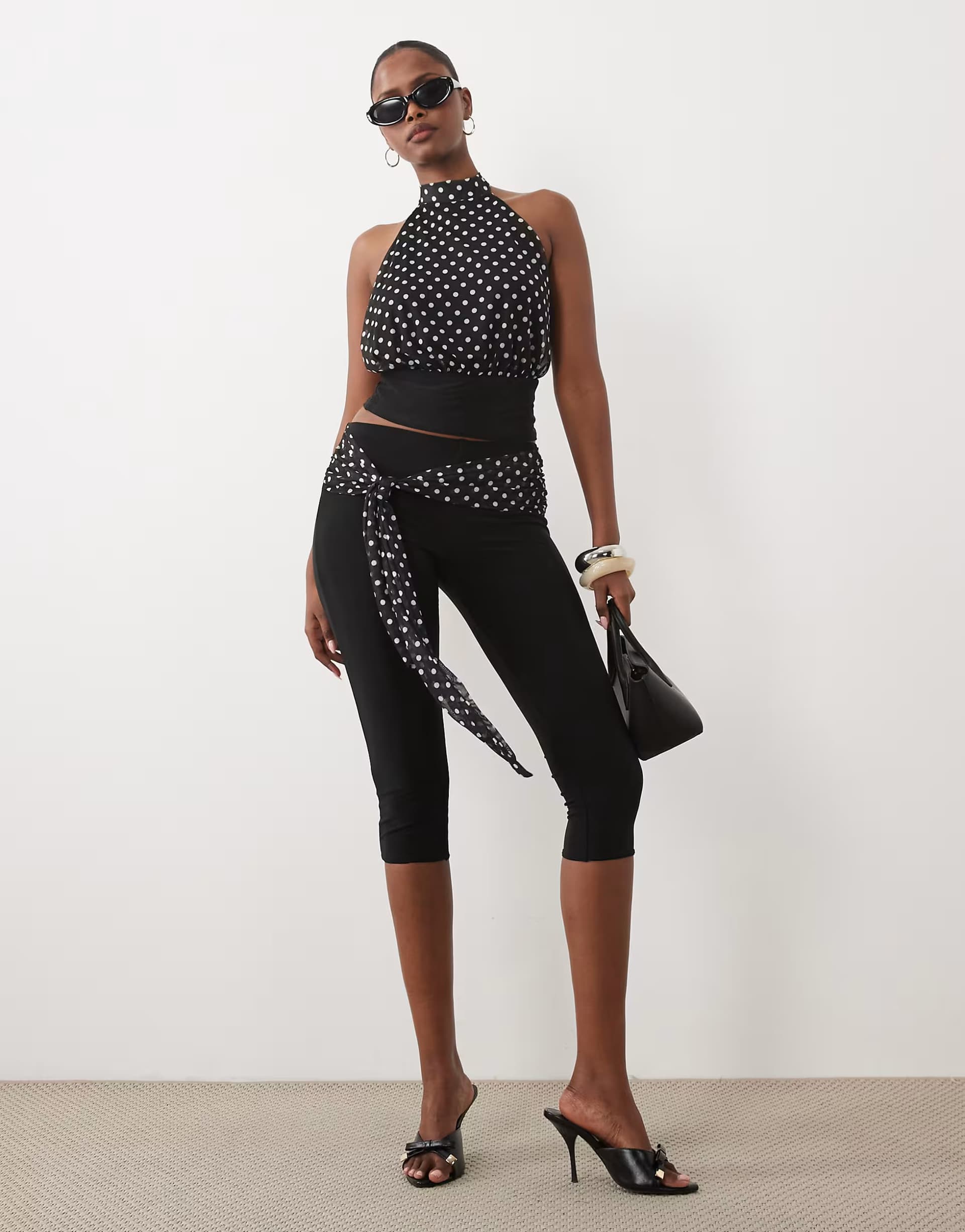 ASOS Missyempire mesh overlay high neck fitted waist halterneck top co-ord in black polka dot