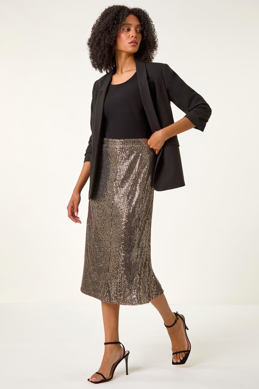 Roman Roman Women's Fluted Hem Sequin Skirt in Bronze - 3