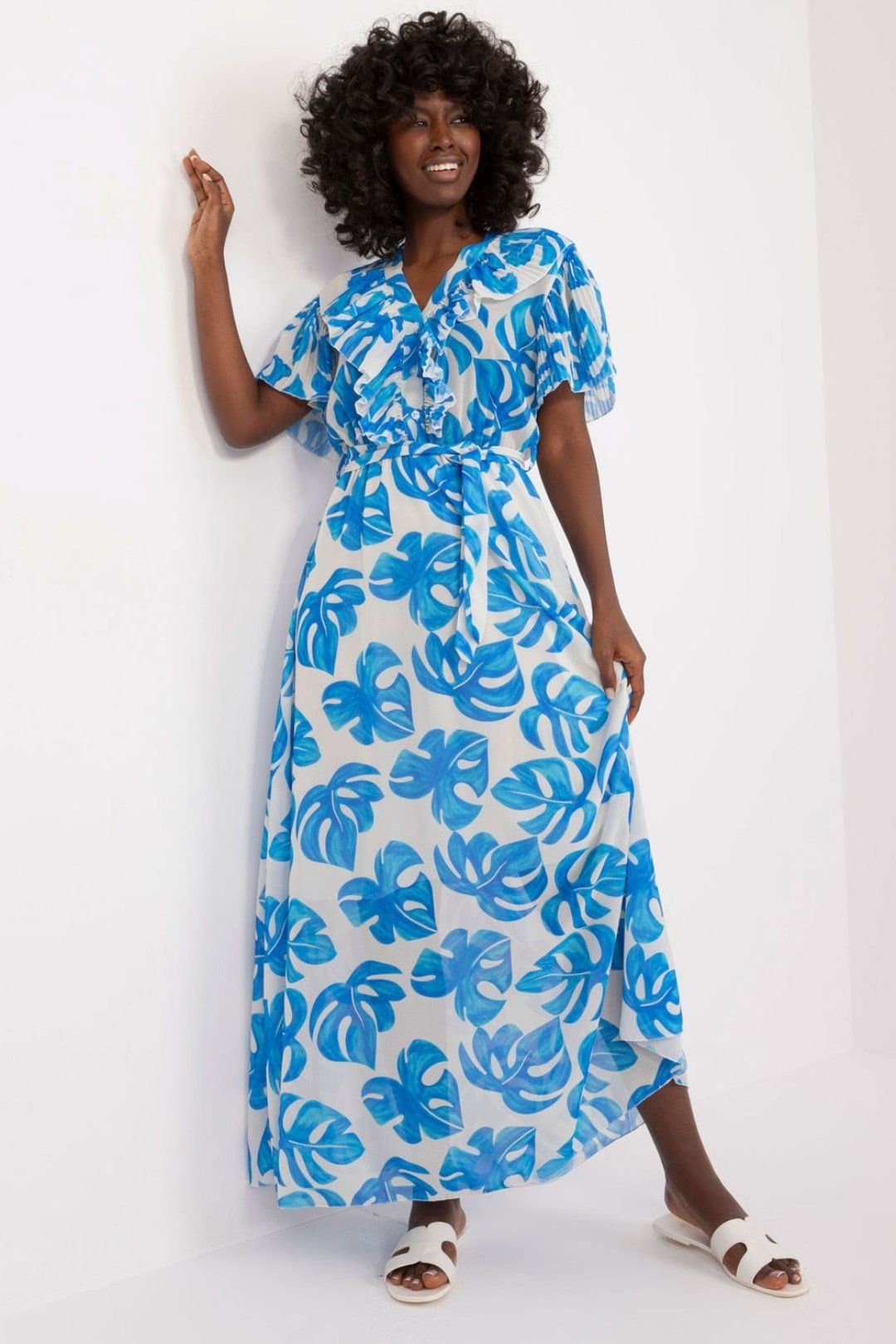 Love Lace Love Lace Women's Flared Maxi Day Dress with Heart Neck Tie Belt in Blue