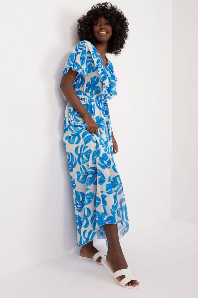 Love Lace Love Lace Women's Flared Maxi Day Dress with Heart Neck Tie Belt in Blue - 2