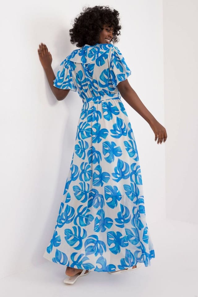 Love Lace Love Lace Women's Flared Maxi Day Dress with Heart Neck Tie Belt in Blue - 3