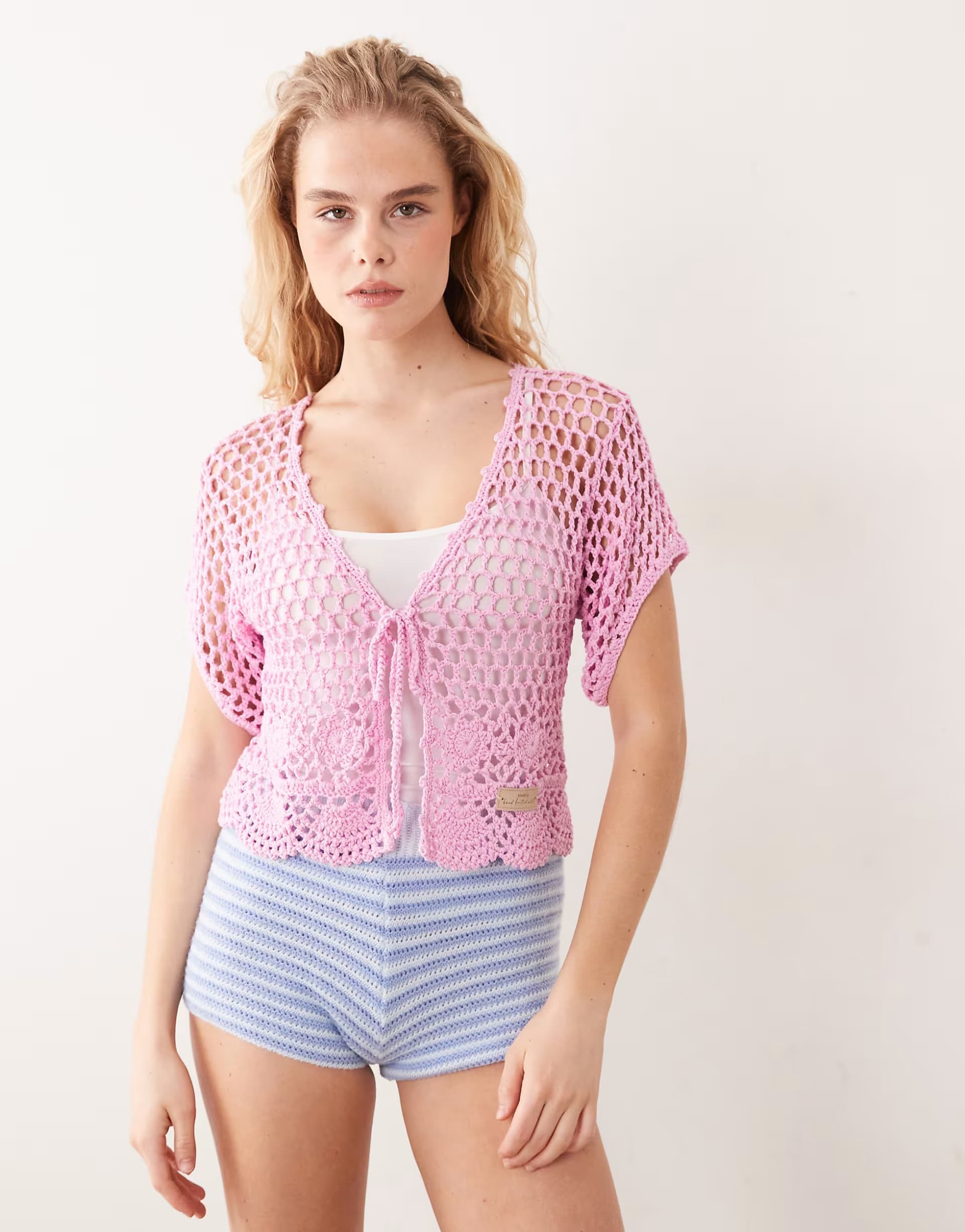 ASOS Kiwi & Co handknit dainty crochet tie front top in pink