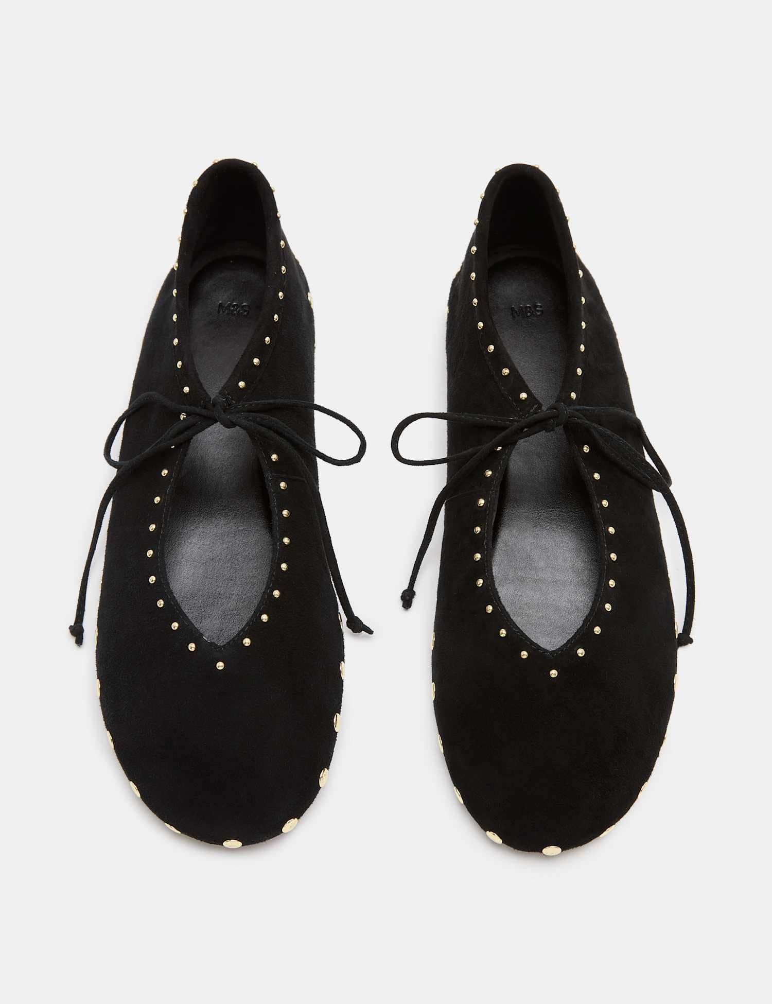 Marks & Spencer M&S Suede Studded Tie Ballet Pumps Black