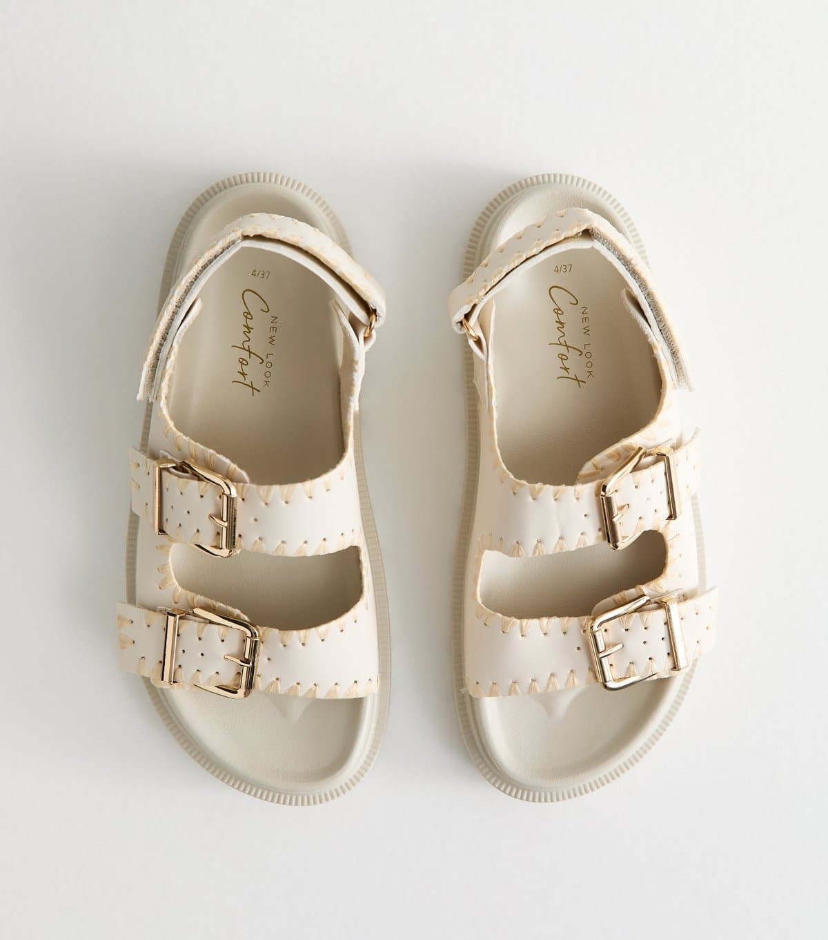 New Look Women's White Whipstitched Faux Leather Sandals Vegan New Look