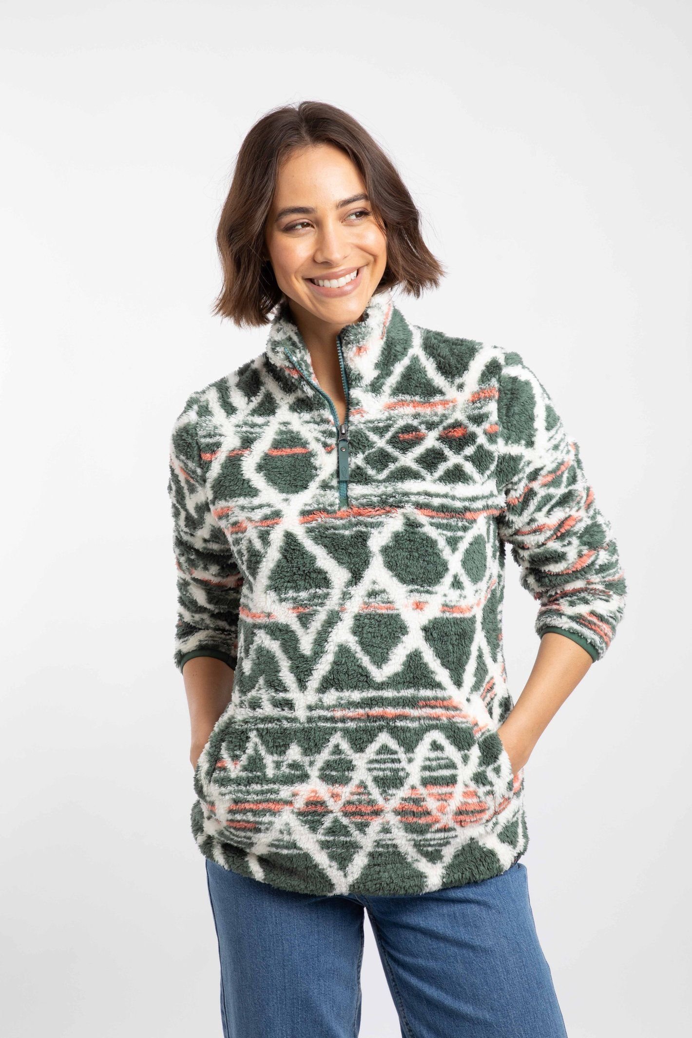 Weird Fish Weird Fish Women's Madeleine 1/4 Zip Printed Plush Fleece in Green - 3