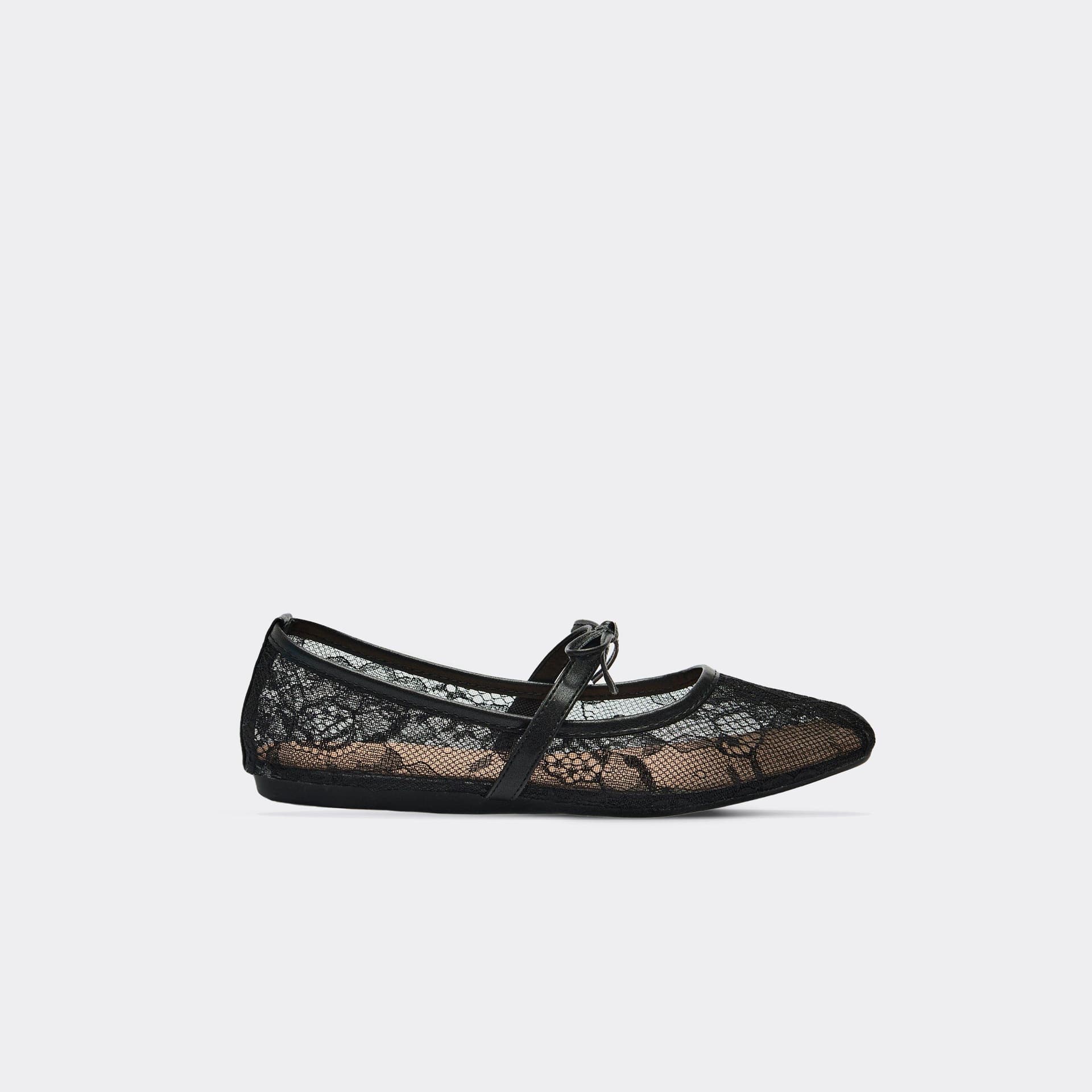 EGO Brat Bow Detail Square Toe Flat Ballet Pump In Black Lace, Women's Size UK 3
