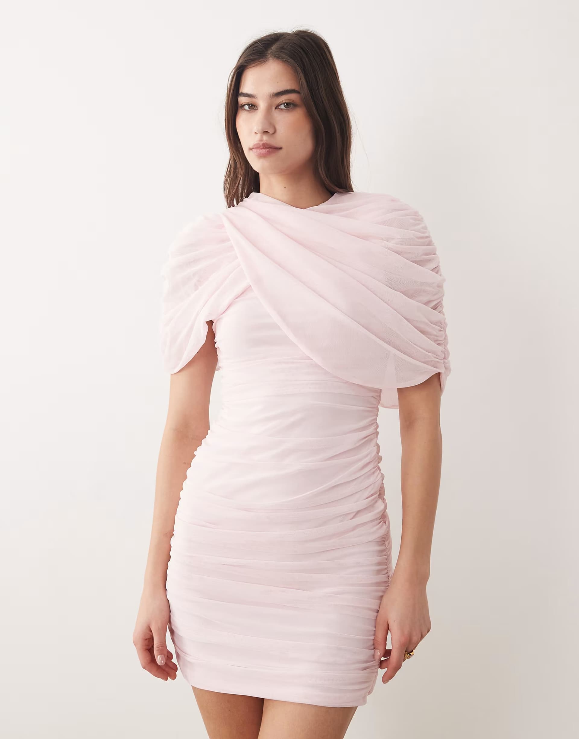 ASOS ASOS DESIGN draped mesh cape mini with shoulder pads in baby pink