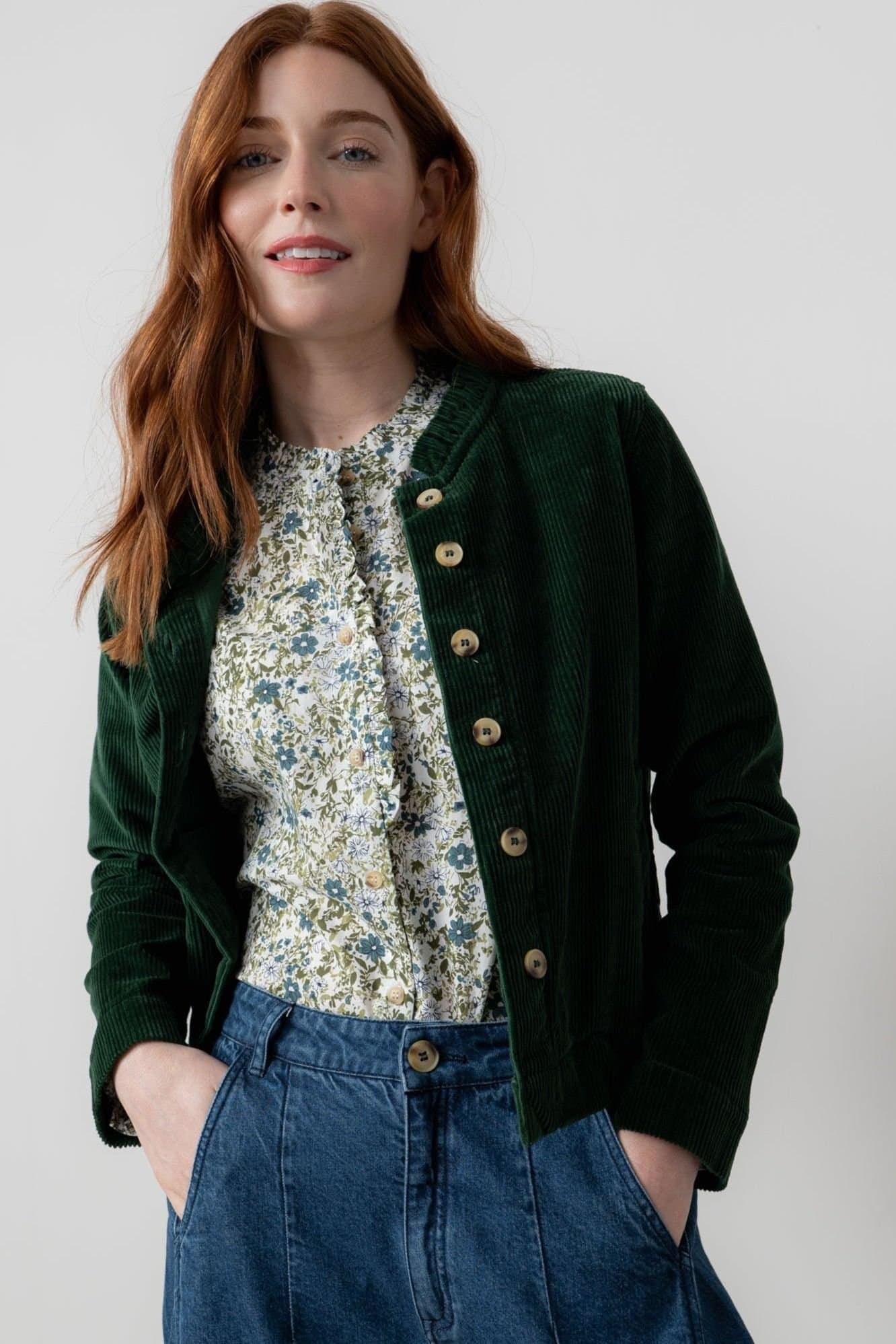 Lily & Me Lily & Me Women's Rene Stretch Jumbo Cord Jacket in Dark Green
