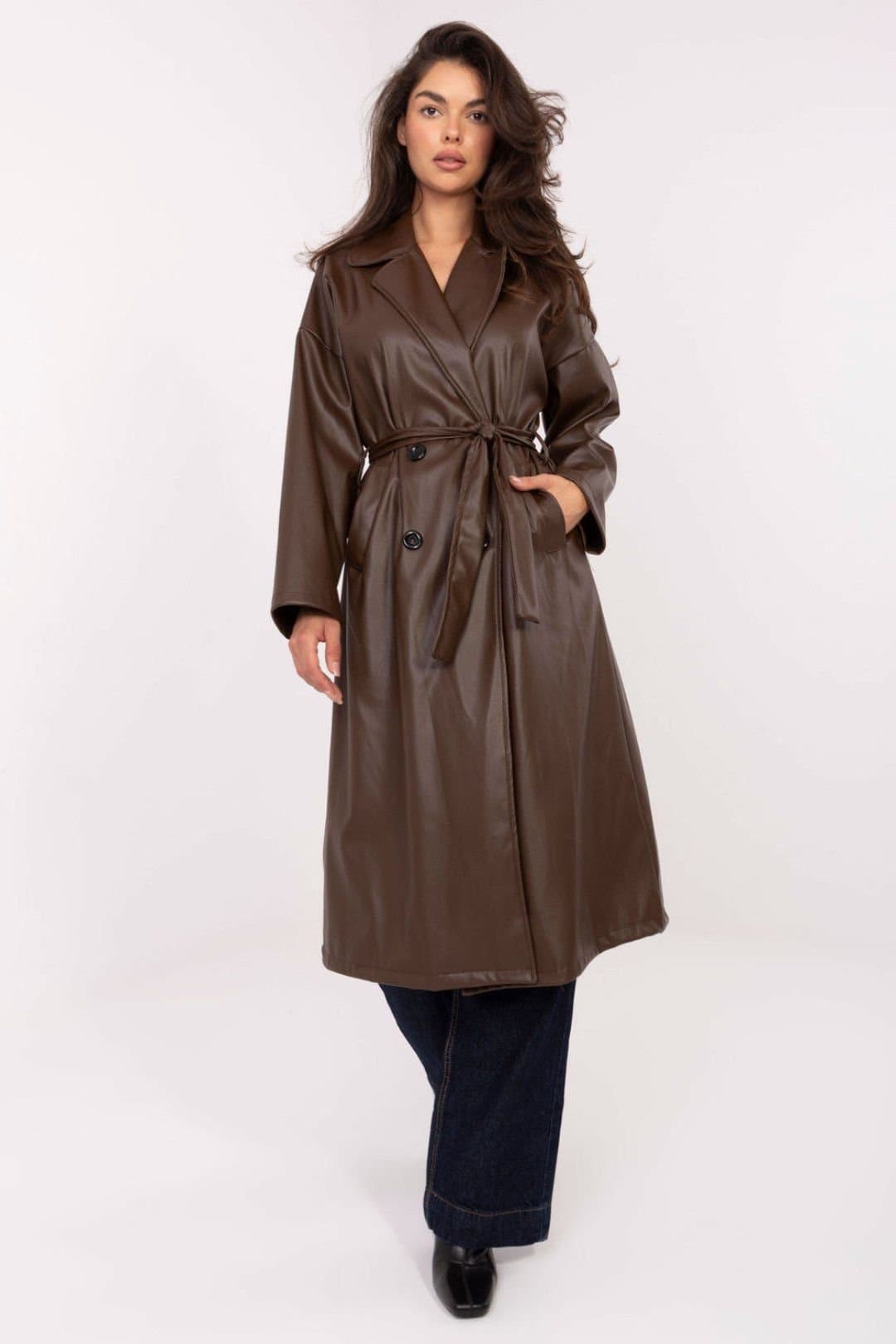 Love Lace Love Lace Women's Timeless Double Breasted Leather Style Coat in Brown