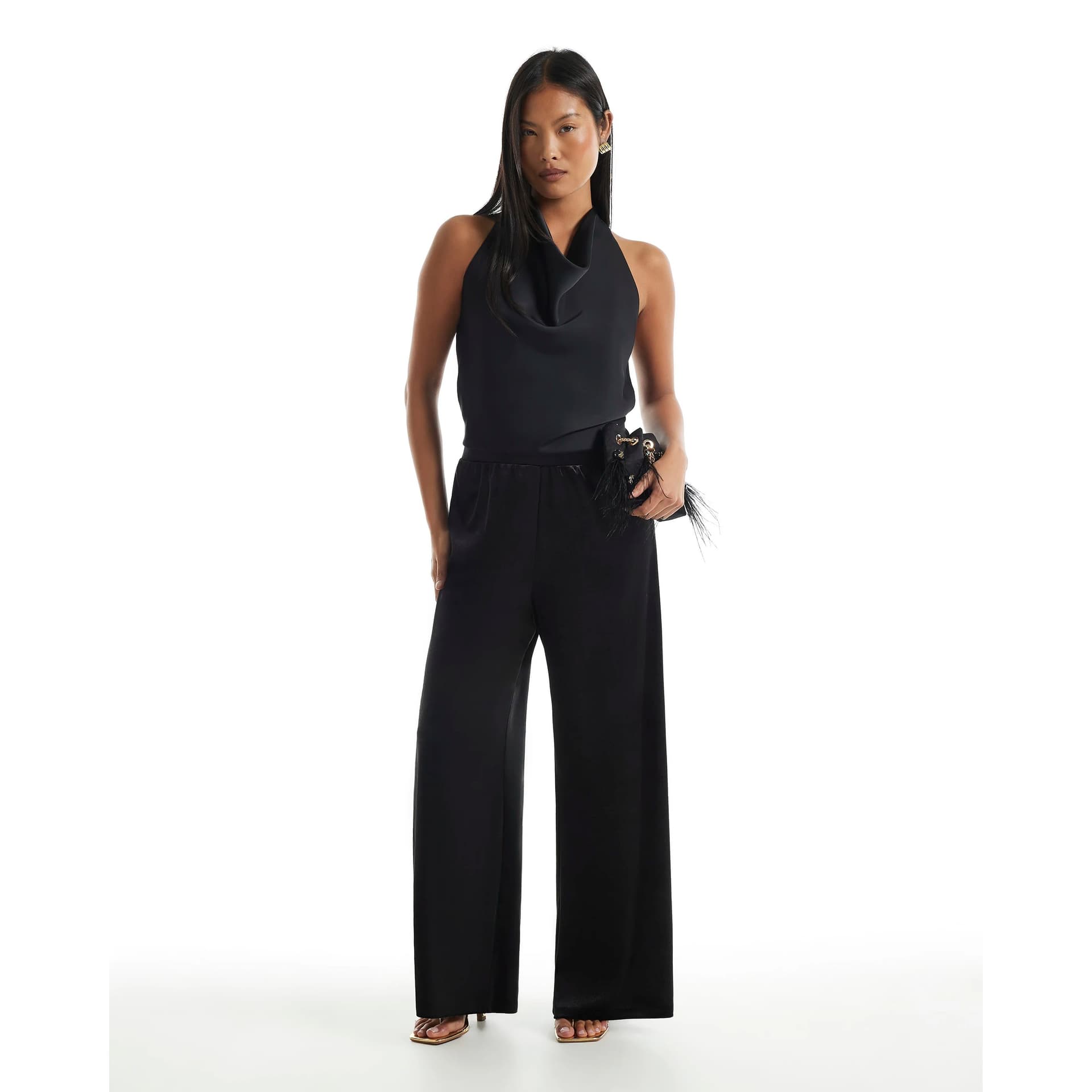 River Island River Island Womens Petite Black Velvet Wide Leg Trousers