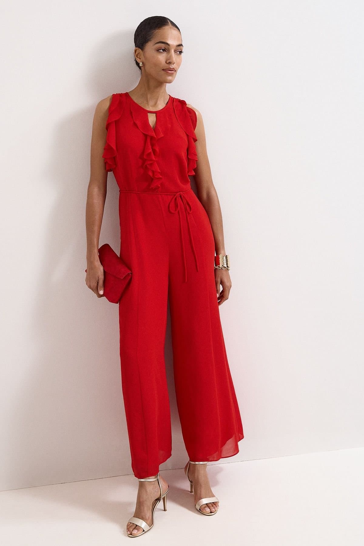 Phase Eight Phase Eight Women's Front Wide Leg Jumpsuit Cinched Waist in Red
