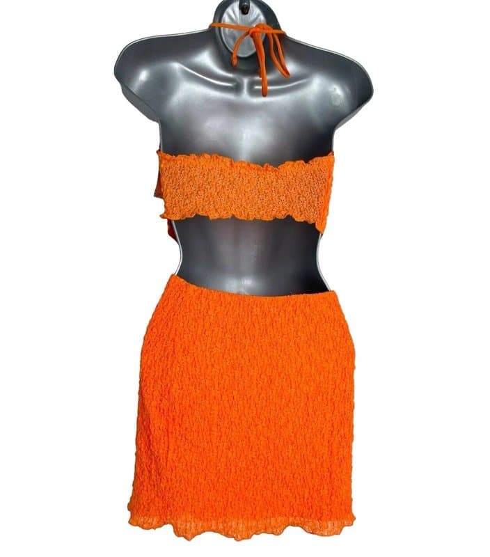 Bershka Bershka Bright Orange Textured Co Ord Set Women’s UK Size XS Crop Top & Skirt
