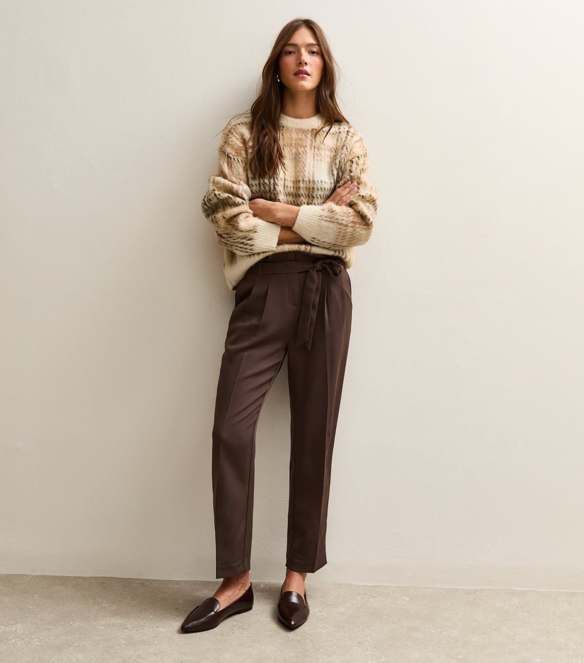 New Look New Look Dark Brown Pleated Paperbag Trousers