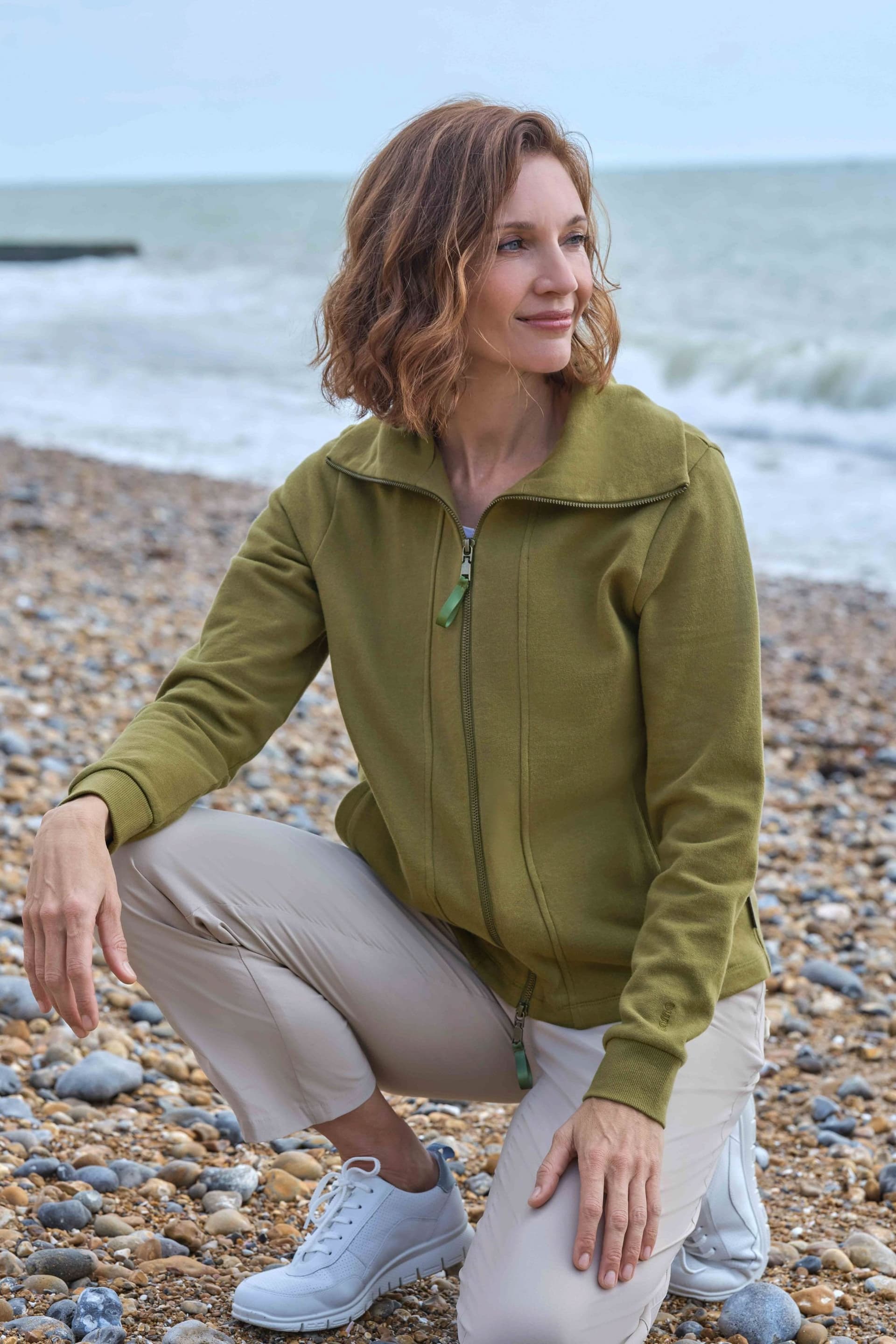 WoolOvers WoolOvers Women's Vitality Seam Detail Zip Through Sweatshirt in Olive
