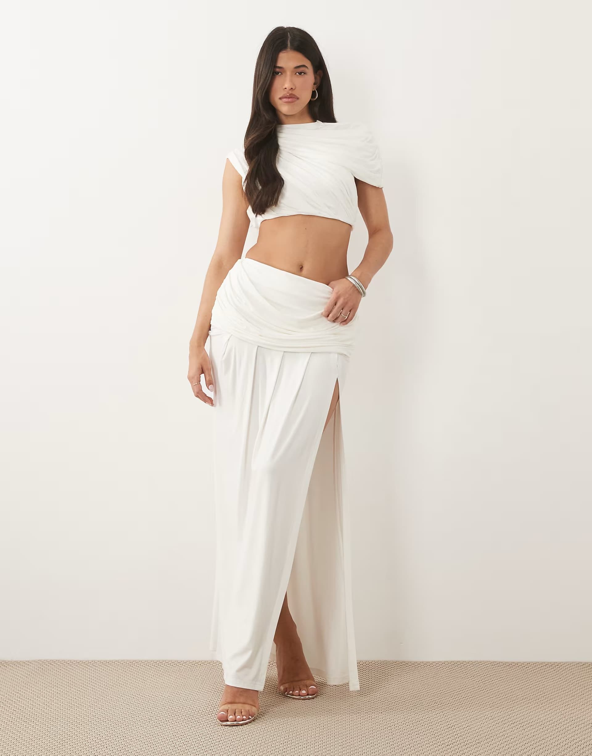 ASOS Wanderdoll Athena sculpting second skin drape detail split maxi skirt co-ord in white