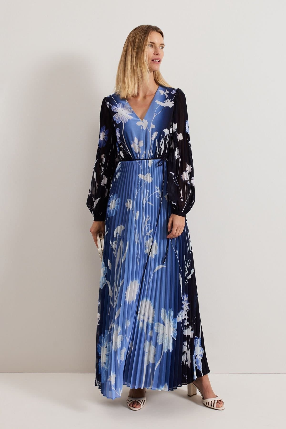 Phase Eight Phase Eight Women's Annie Pleated Floral Maxi Dress in Bright Blue