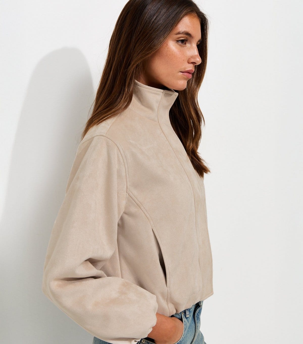 Women's Stone Faux Suede Bubble Hem Jacket New Look
