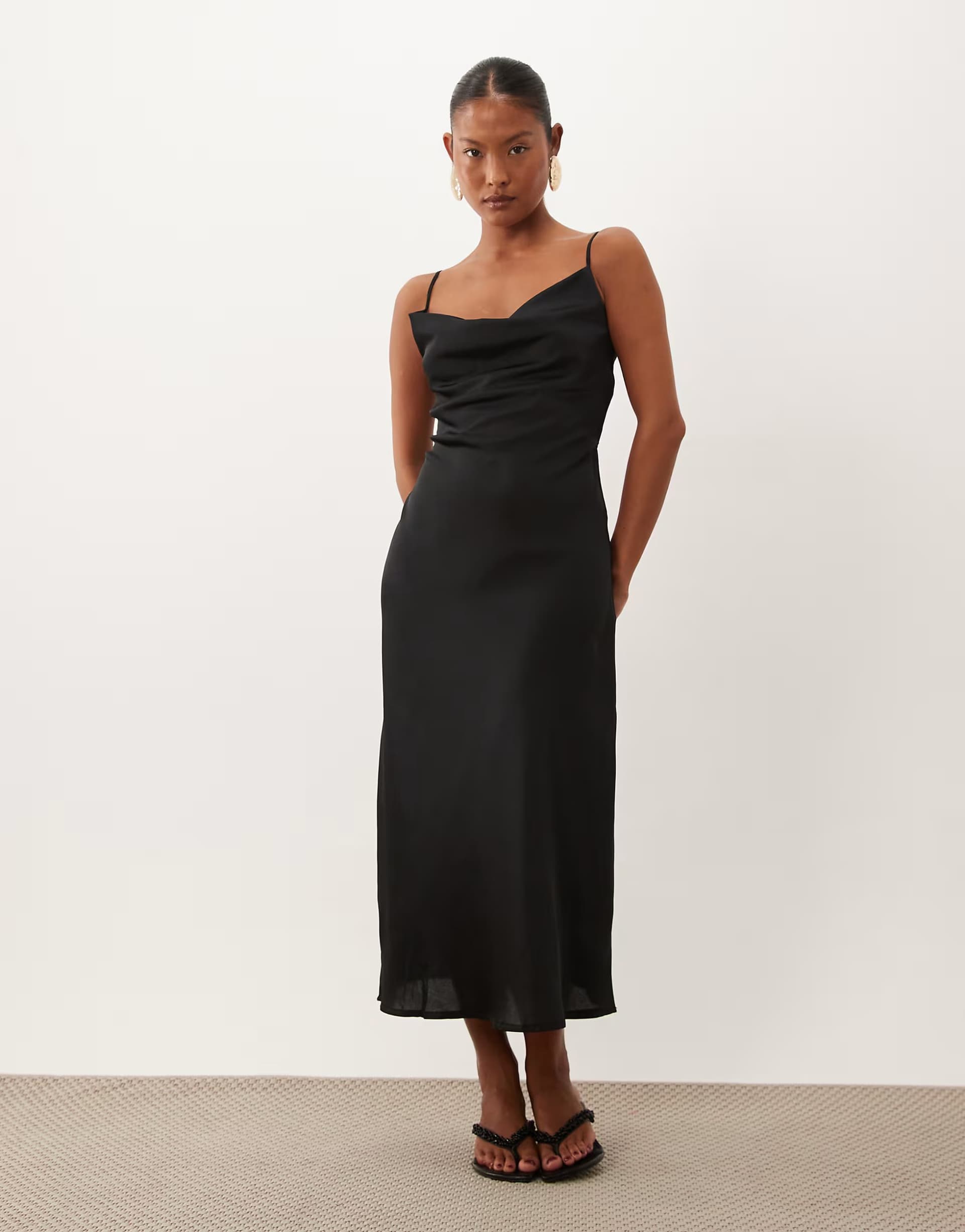 ASOS New Look Petite satin cowl neck midi dress in black