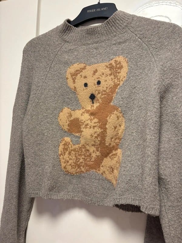 Bershka Grey Knotted Crop Bear Jumper