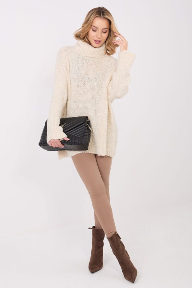 Love Lace Love Lace Women's Boucle Turtleneck Long Sleeve Sweater in Beige - 2