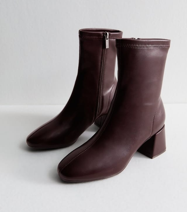 New Look Women's Dark Burgundy Faux Leather Block Heel Ankle Boots New Look - 3