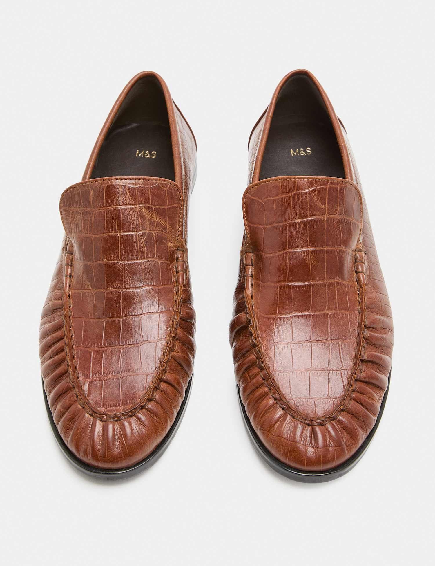 Marks & Spencer M&S Leather Croc Ruched Loafers Tan