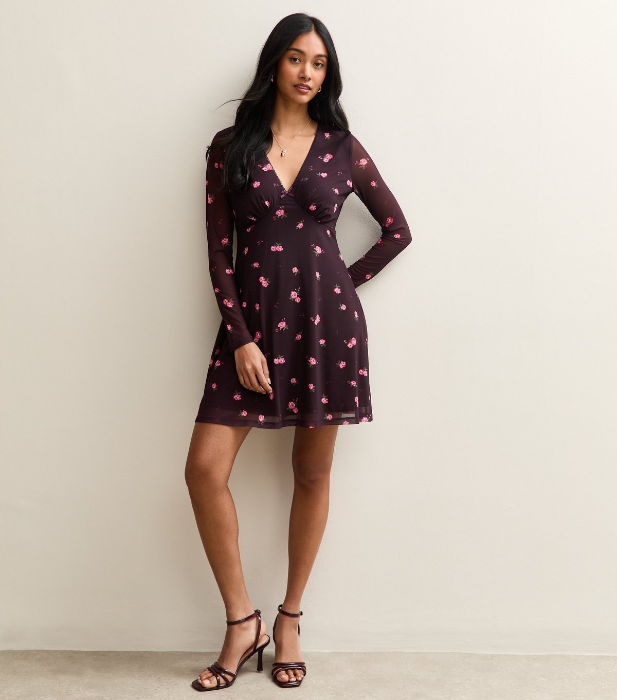 New Look Women's Dark Burgundy Floral Mesh Mini Dress New Look - 4