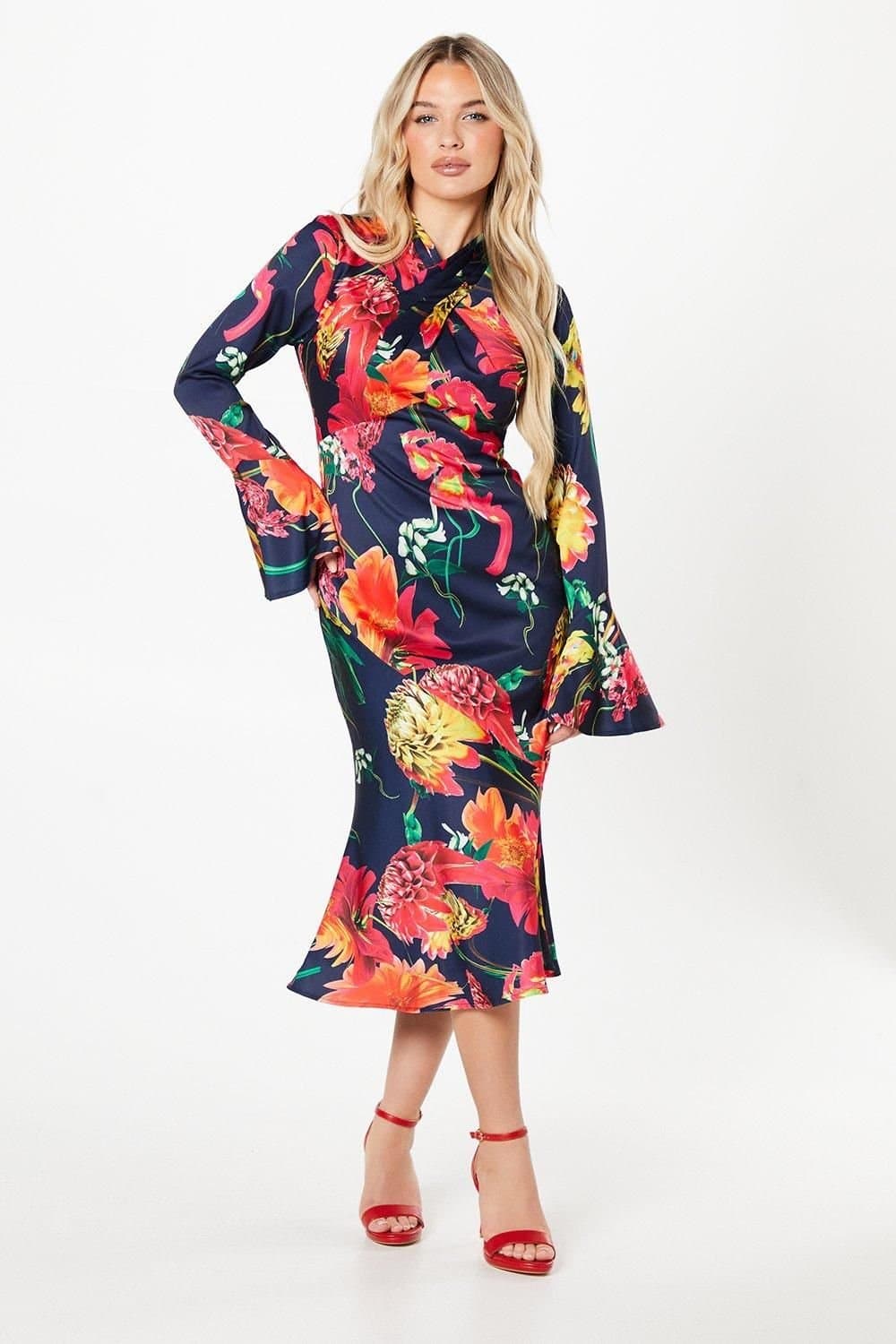 Coast Coast Women's Petite Cross Neck Printed Midi Wedding Guest Dress in Navy