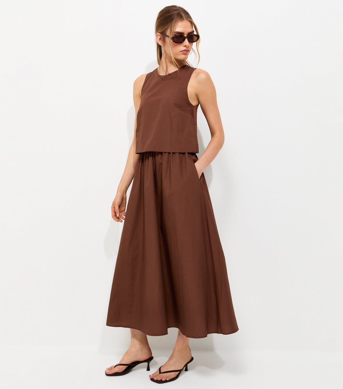 New Look Women's Dark Brown Cotton Layered 2-in-1 Sleeveless Midi Dress New Look