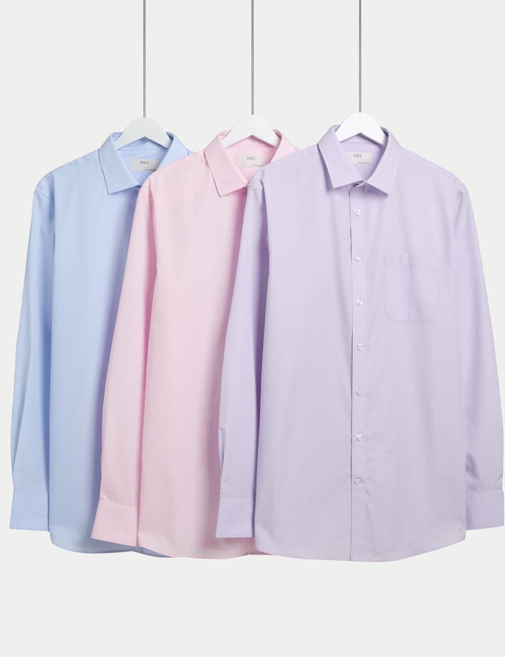 Marks & Spencer M&S 3 Pack Regular Fit Easy Iron Long Sleeve Shirts Lilac Mix