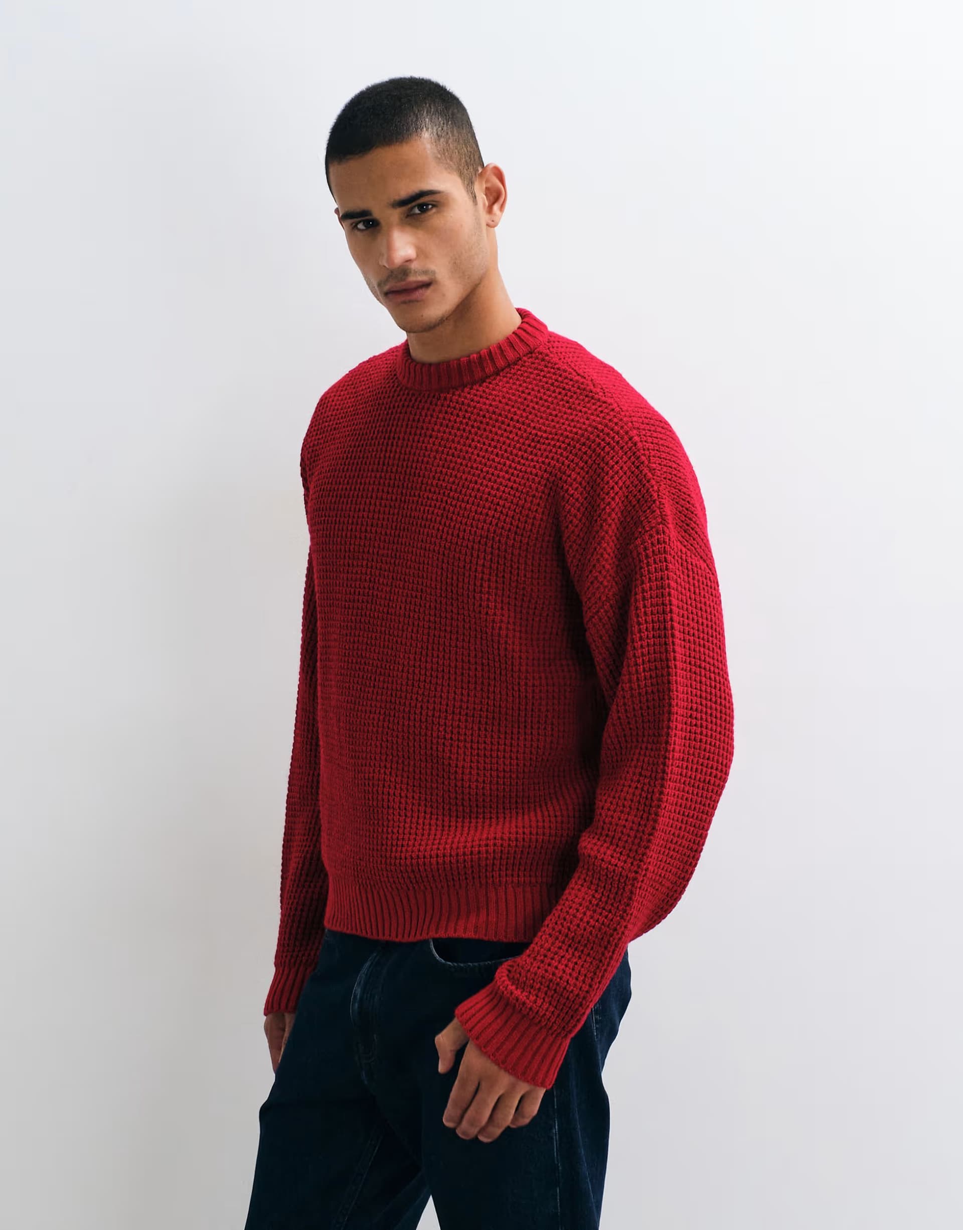 ASOS ASOS DESIGN oversized chunky waffle knitted jumper in burgundy
