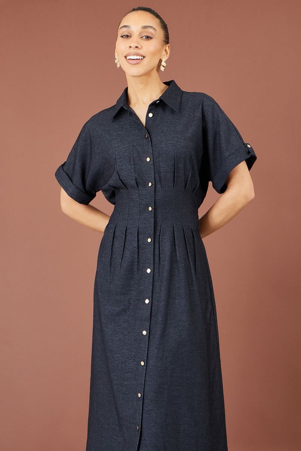 Yumi Yumi Women's Stretch Midi Shirt Dress in Blue