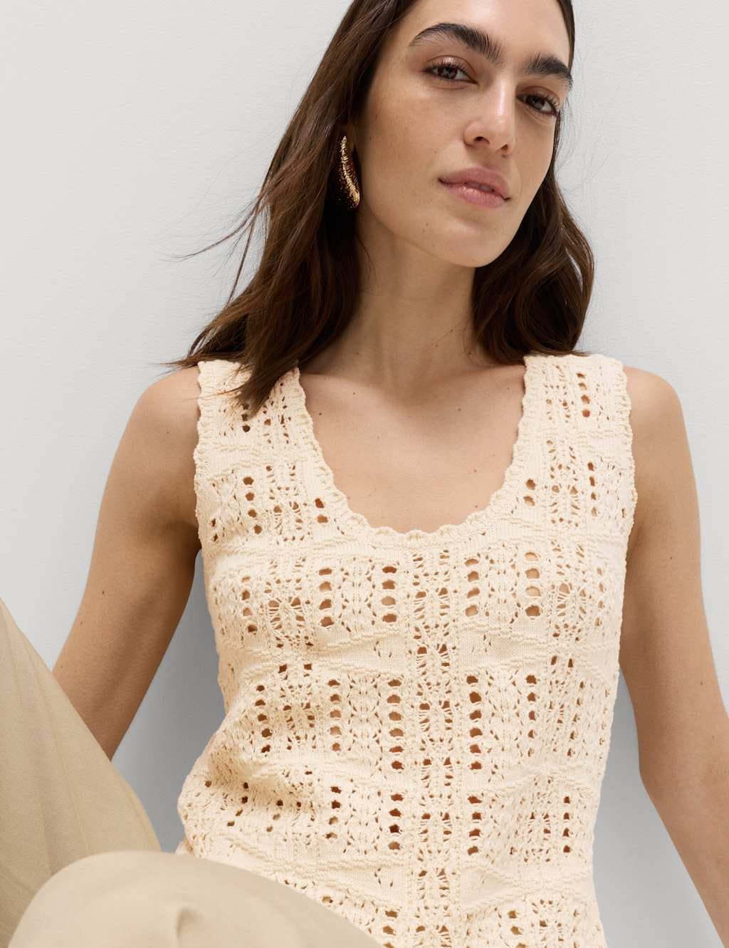 Marks & Spencer M&S Pure Cotton Pointelle Knitted Vest Light Natural