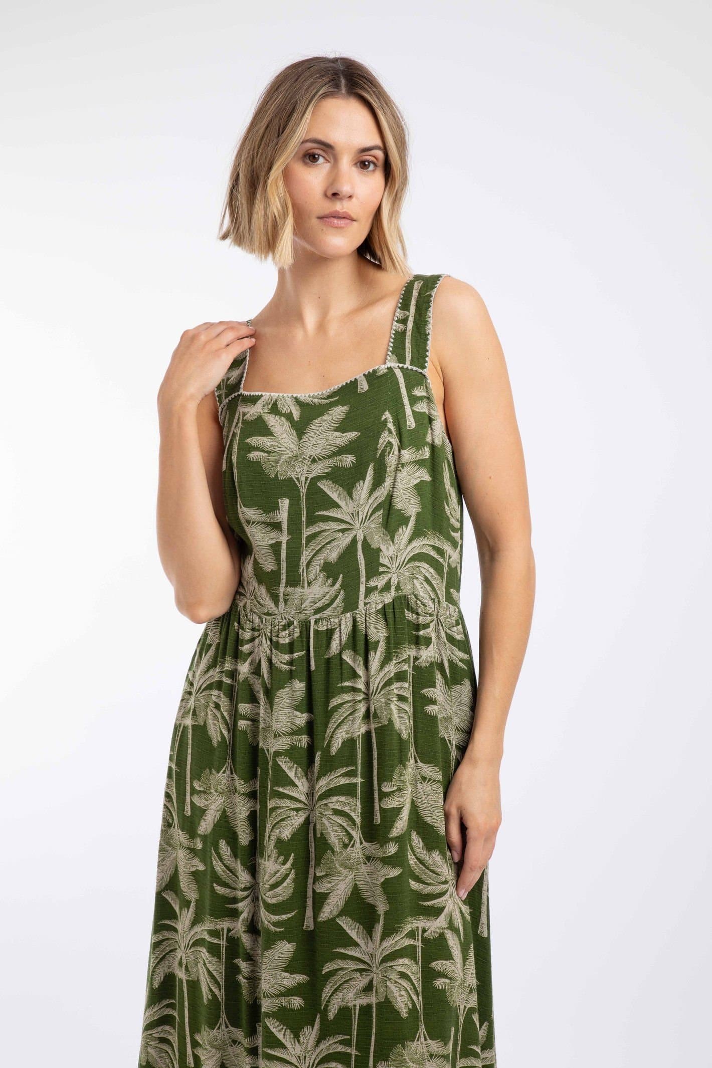 Weird Fish Weird Fish Women's Tatum Printed Square Neck Midi Dress in Olive
