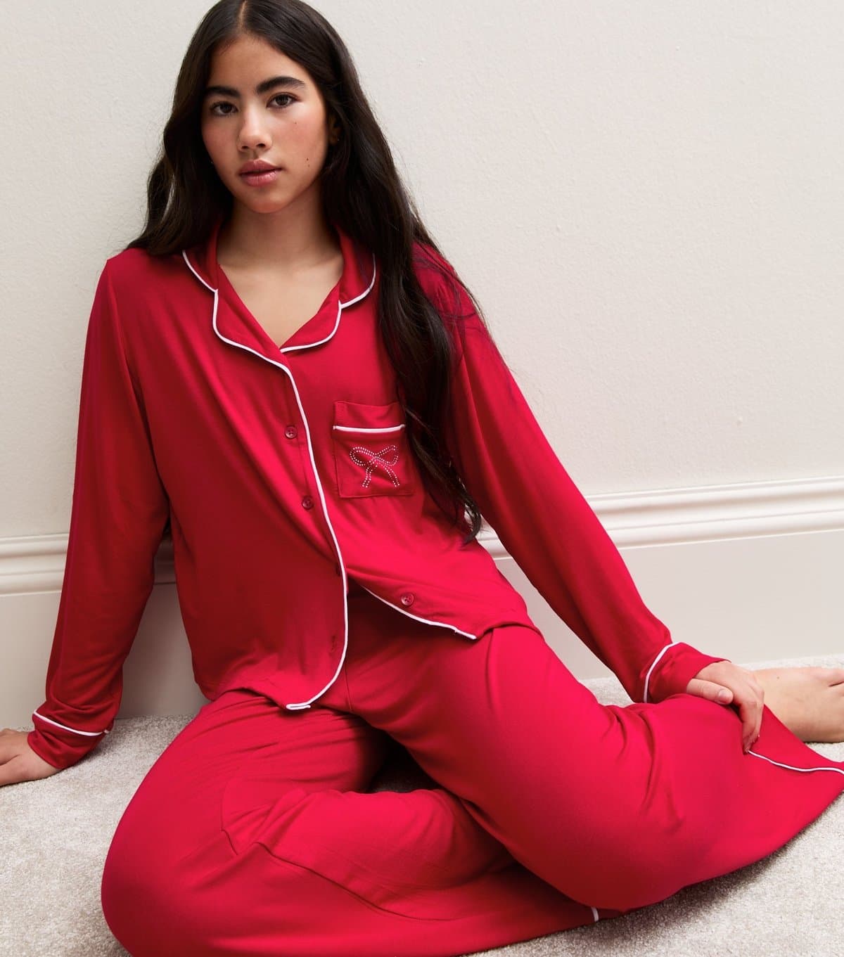 New Look Girls' Red White Piping Long Sleeve Pyjama Set New Look