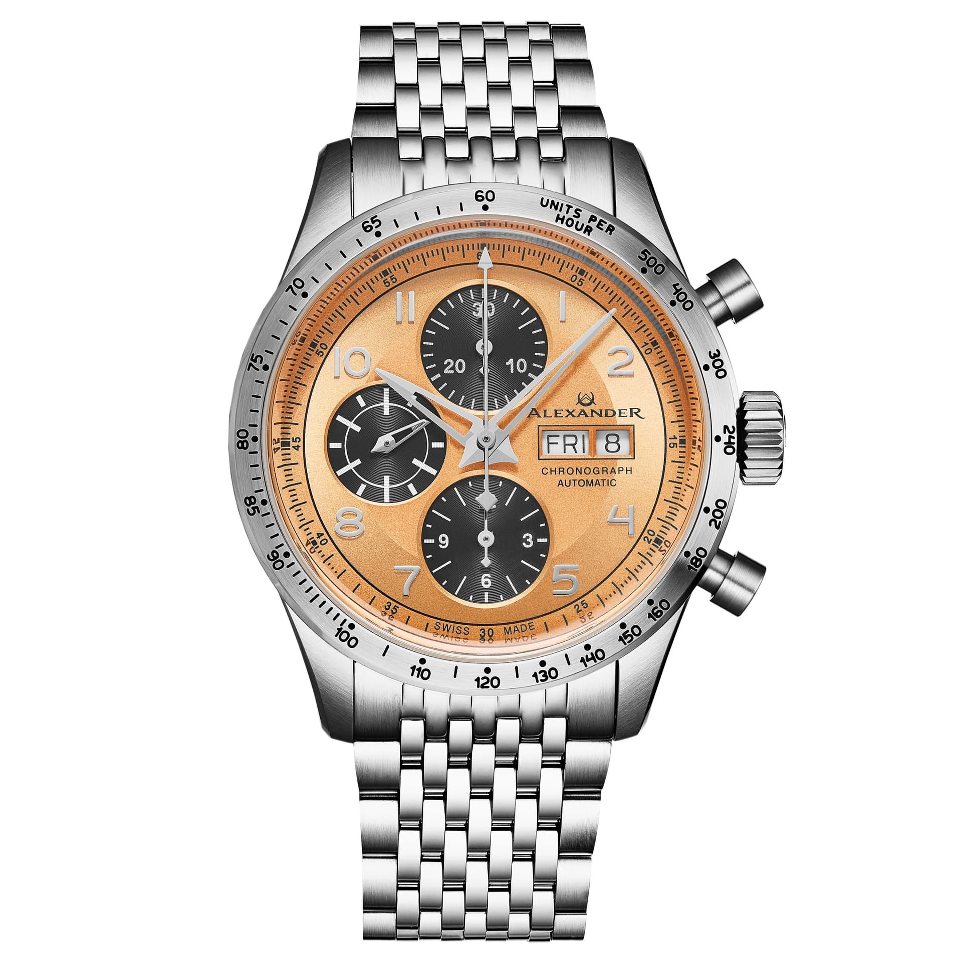 Alexander Alexander Men's A450 Megalos Limited Edition 43mm Classic Chronograph Luxury Watch Silver Case, Champagne Dial in Rose Gold