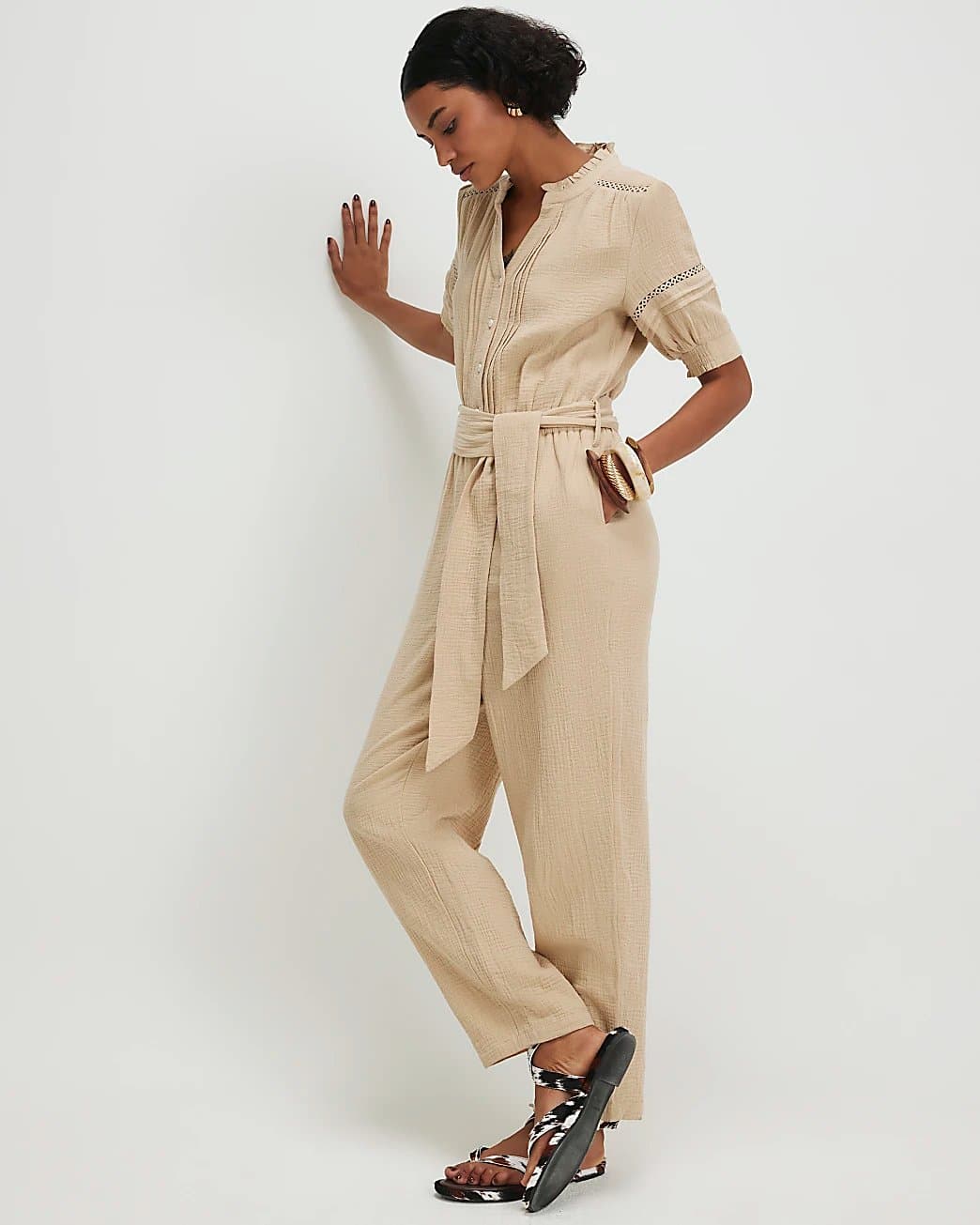 River Island River Island Womens Beige Cotton Textured Jumpsuit