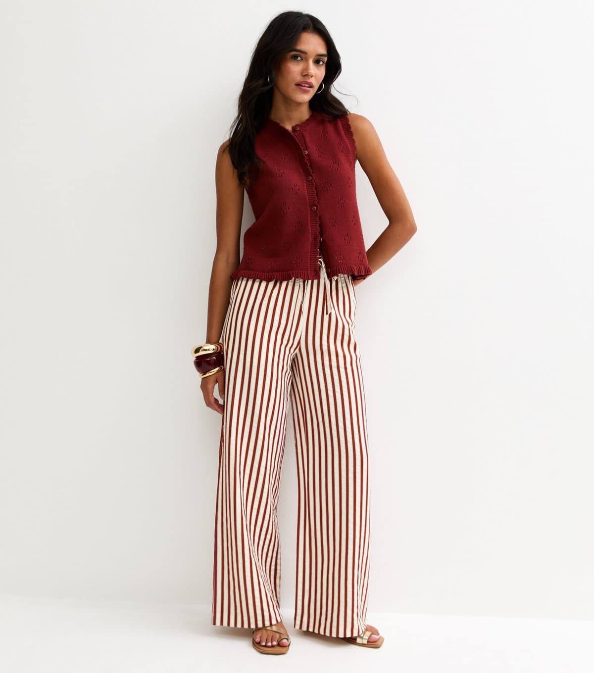 New Look Women's Red Striped Seersucker Wide Leg Trousers New Look