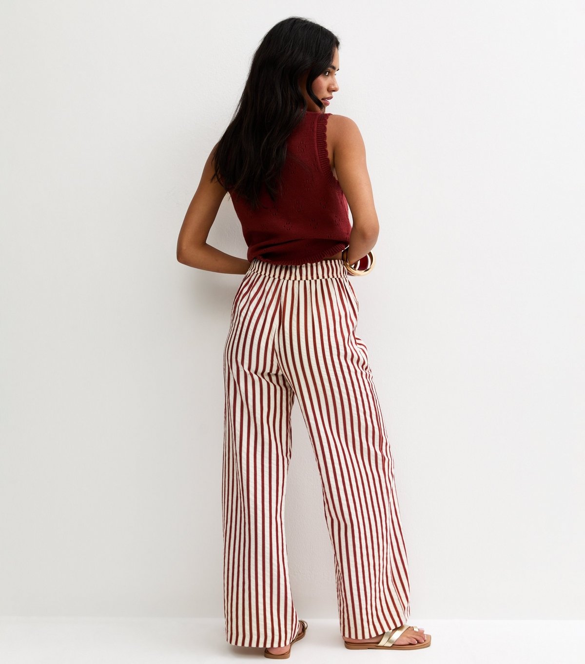 New Look Women's Red Striped Seersucker Wide Leg Trousers New Look - 4