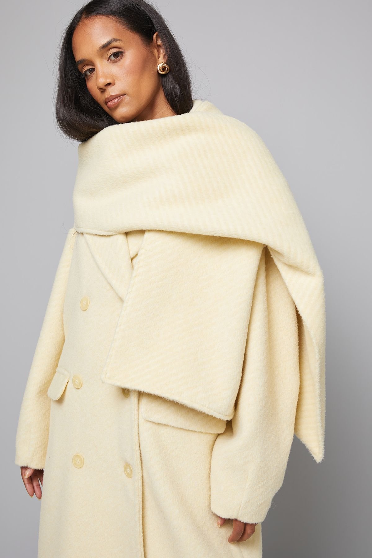 Wallis Wallis Women's Double Breasted Twill Scarf Detail Coat in Yellow - 4